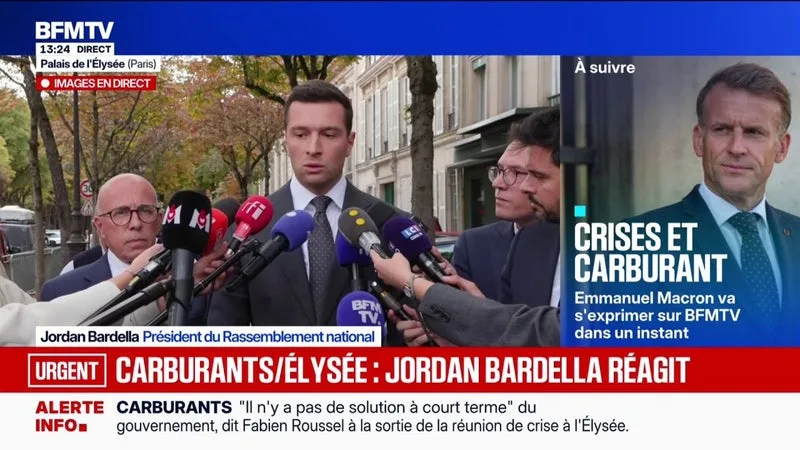 « LE PRÉSIDENT N’A APPORTÉ AUCUNE RÉPONSE SUR LE POUVOIR D’ACHAT OU SUR LA QUESTION DES TAXES SUR LE CARBURANT », RAPPORTE JORDAN BARDELLA, PRÉSIDENT DU RN, À L’ISSUE D’UNE RÉUNION DES CHEFS DES PARTIS À L’ÉLYSÉE